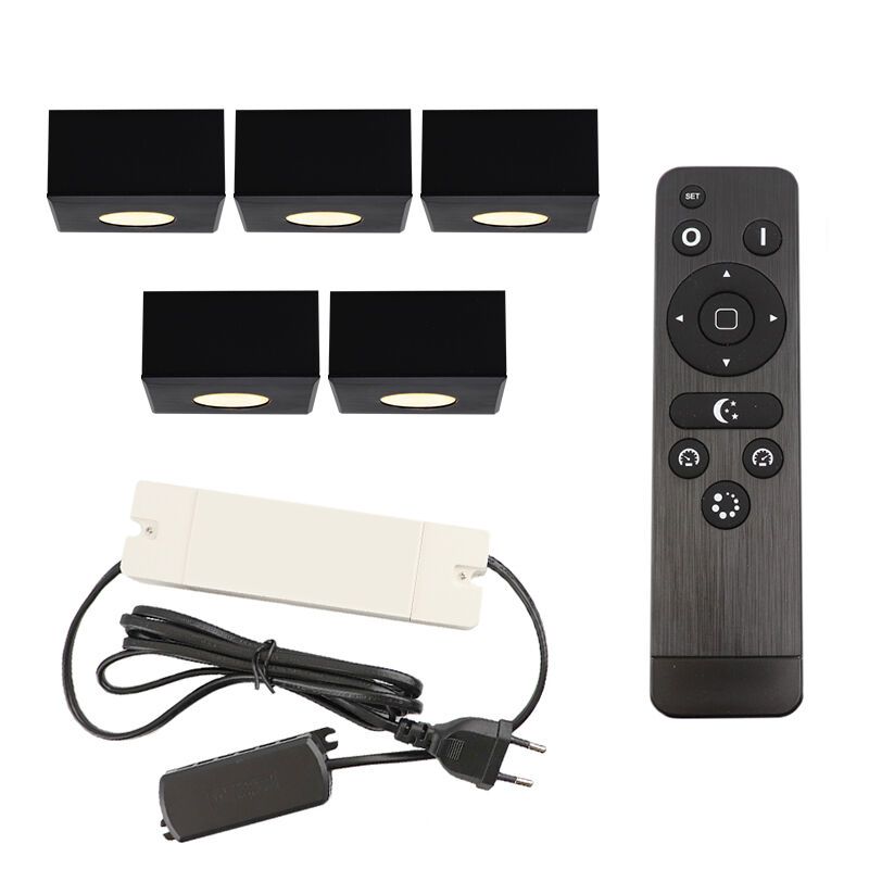 5 square black surface mounted spotlights Fredo, IP44, with connection set and remote control