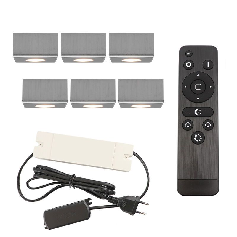 6 square chrome surface mounted spotlights Fredo, IP44, with connection set and remote control