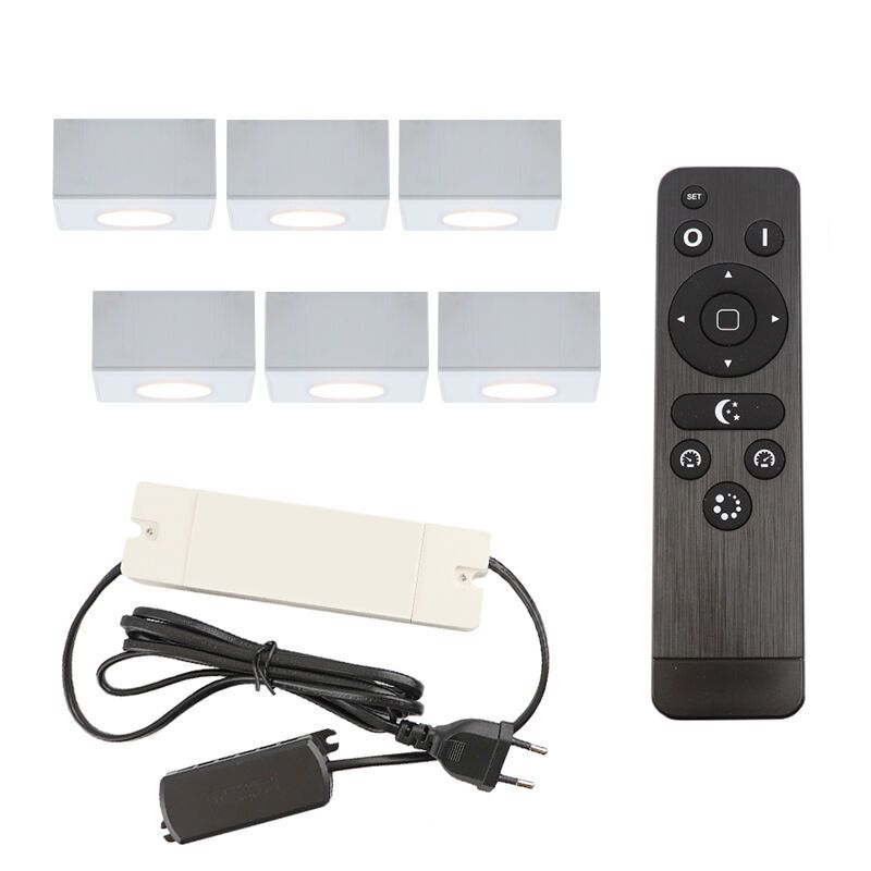 6 square white surface mounted spotlights Fredo, IP44, with connection set and remote control