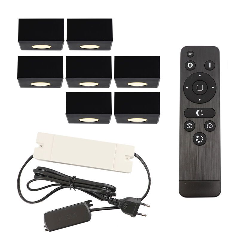 7 square black surface mounted spotlights Fredo, IP44, with connection set and remote control