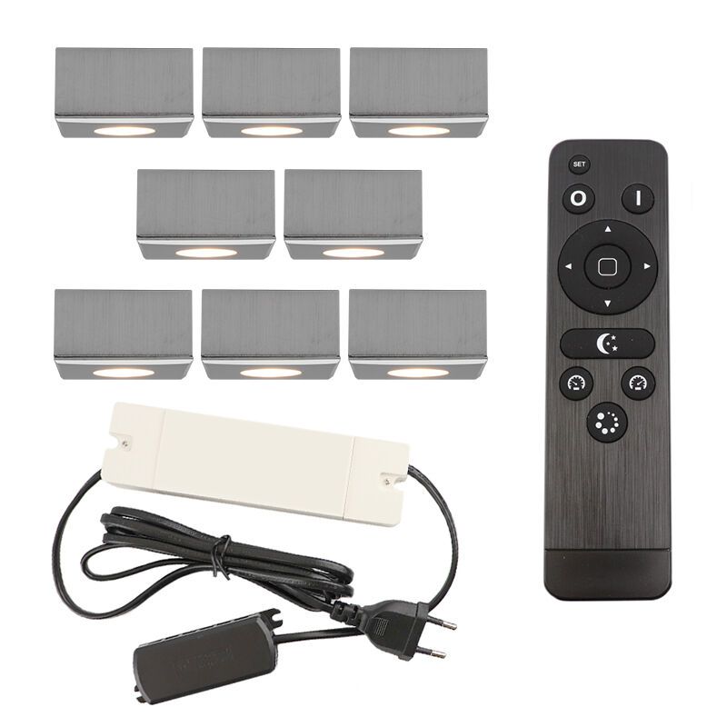 8 square chrome surface mounted spotlights Fredo, IP44, with connection set and remote control