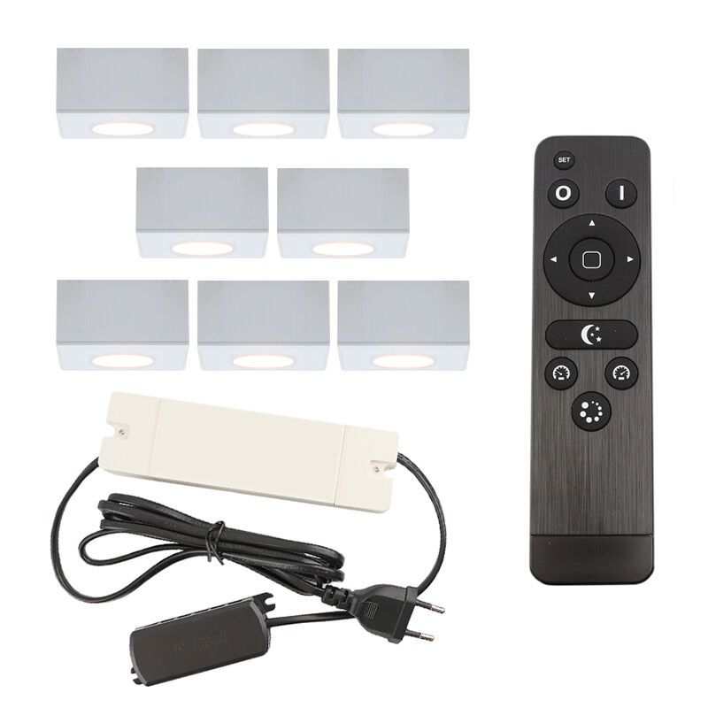 8 square white surface mounted spotlights Fredo, IP44, with connection set and remote control