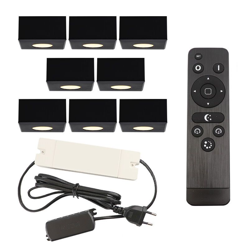 8 square black surface mounted spotlights Fredo, IP44, with connection set and remote control 8 square black surface mounted spotlights Fredo, IP44, with connection set and remote control