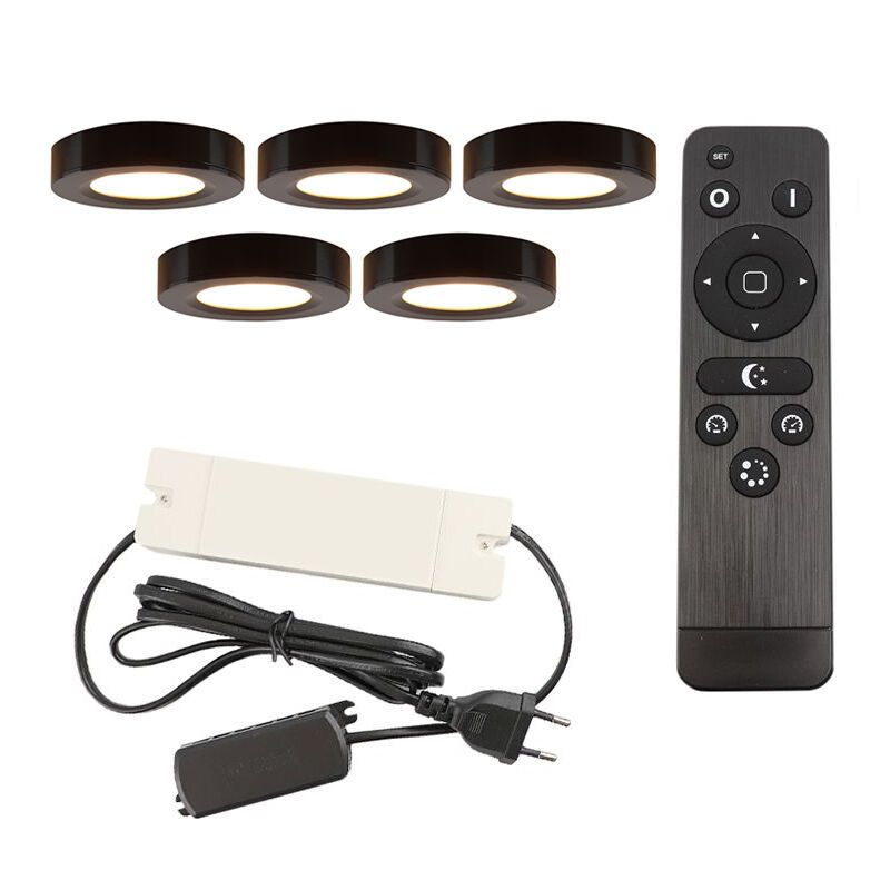 5 round kitchen cabinet lights, black, with connection set and remote control