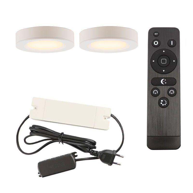 2 round kitchen cabinet lights, white, with connection set and remote control