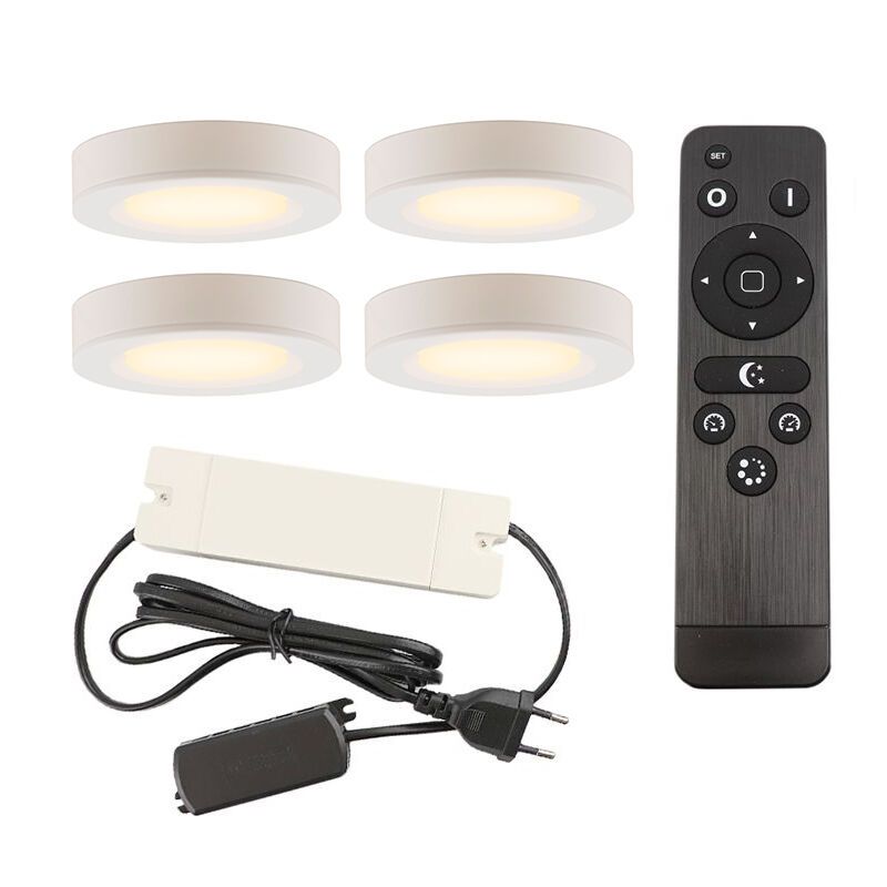 4 round kitchen cabinet lights, white, with connection set and remote control