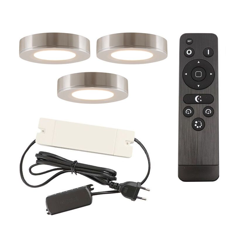 3 round kitchen cabinet lights, silver, with connection set and remote control 3 round kitchen cabinet lights, silver, with connection set and remote control