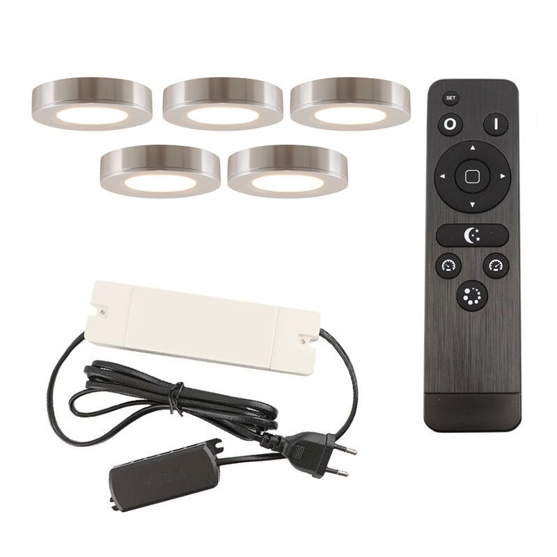 5 round kitchen cabinet lights, silver, with connection set and remote control 5 round kitchen cabinet lights, silver, with connection set and remote control