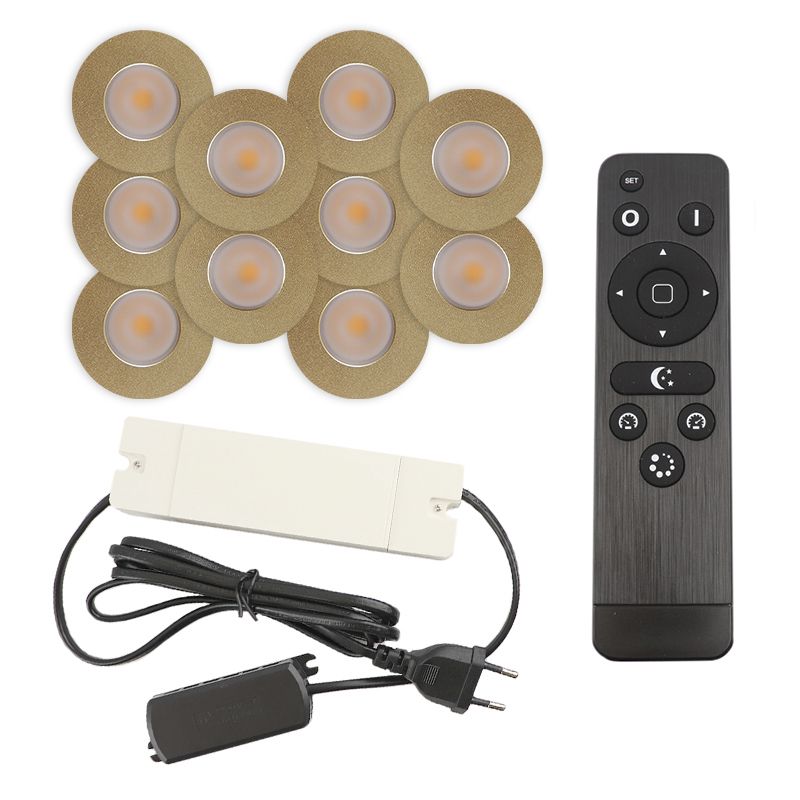 10 brass porch spotlights Dico, IP65, with connection set and remote control