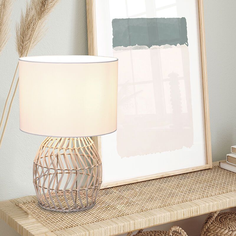 Rattan table lamp white, Symon, with switch