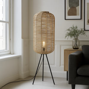Rattan floor lamp brown, Pinar, with switch