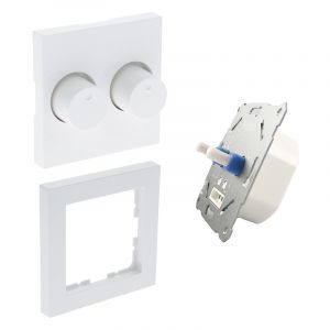 Duo dimmer, switch, with white cover frame and central plate