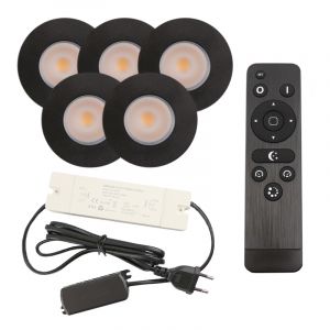 5 black porch spotlights Dico, IP65, with connection set and remote control