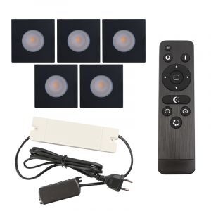 5 square black porch spotlights Dico, IP65, with connection set and remote control