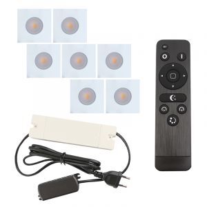 7 square white porch spotlights Dico, IP65, with connection set and remote control