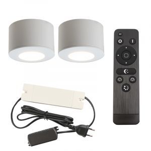 2 round white surface mounted spotlights Vasso, IP44, with connection set and remote control