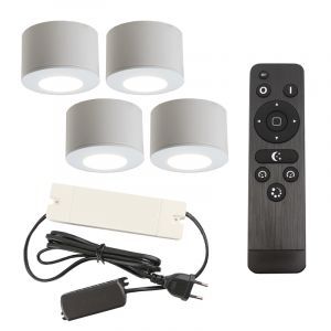 4 round white surface mounted spotlights Vasso, IP44, with connection set and remote control