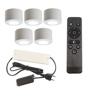 5 round white surface mounted spotlights Vasso, IP44, with connection set and remote control