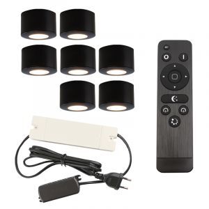 7 round black surface mounted spotlights Vasso, IP44, with connection set and remote control
