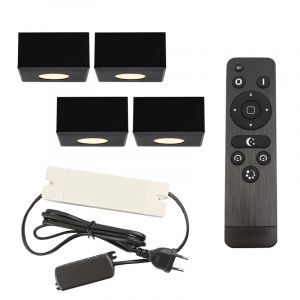 4 square black surface mounted spotlights Fredo, IP44, with connection set and remote control