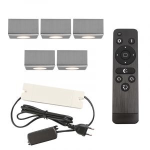 5 square chrome surface mounted spotlights Fredo, IP44, with connection set and remote control