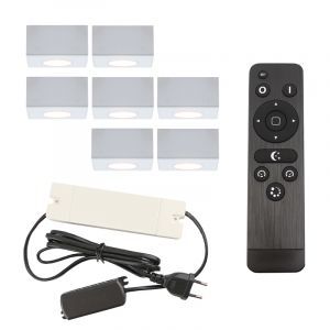 7 square white surface mounted spotlights Fredo, IP44, with connection set and remote control