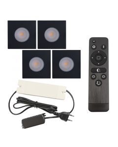 4 square black porch spotlights Dico, IP65, with connection set and remote control