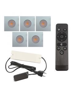 5 square chrome porch spotlights Dico, IP65, with connection set and remote control
