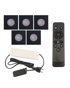 5 square black porch spotlights Dico, IP65, with connection set and remote control