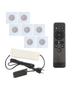 7 square white porch spotlights Dico, IP65, with connection set and remote control