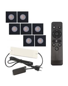 7 square black porch spotlights Dico, IP65, with connection set and remote control