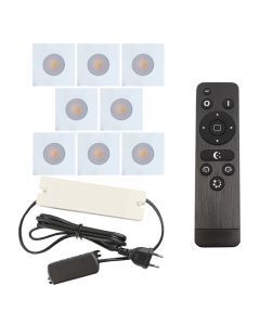 8 square white porch spotlights Dico, IP65, with connection set and remote control