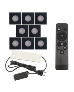 8 square black porch spotlights Dico, IP65, with connection set and remote control