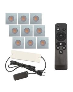 9 square chrome porch spotlights Dico, IP65, with connection set and remote control