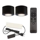 2 round black surface mounted spotlights Vasso, IP44, with connection set and remote control
