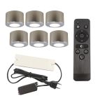 6 round chrome surface mounted spotlights Vasso, IP44, with connection set and remote control