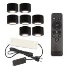 7 round black surface mounted spotlights Vasso, IP44, with connection set and remote control