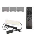 3 square chrome surface mounted spotlights Fredo, IP44, with connection set and remote control