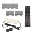 4 square chrome surface mounted spotlights Fredo, IP44, with connection set and remote control