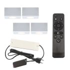 4 square white surface mounted spotlights Fredo, IP44, with connection set and remote control