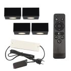 4 square black surface mounted spotlights Fredo, IP44, with connection set and remote control