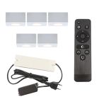 5 square white surface mounted spotlights Fredo, IP44, with connection set and remote control