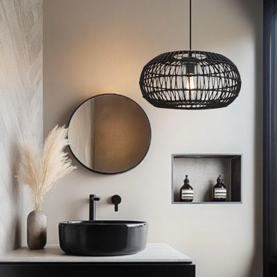Rattan bathroom pendant light black, Emilio, IP44