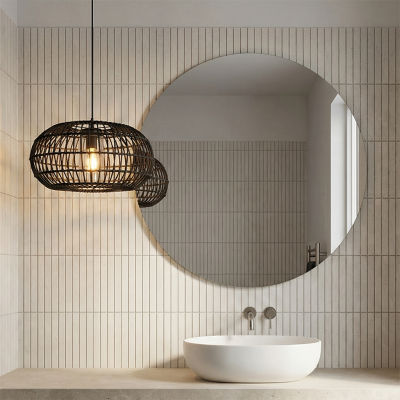 Rattan bathroom pendant light black, Emilio, IP44