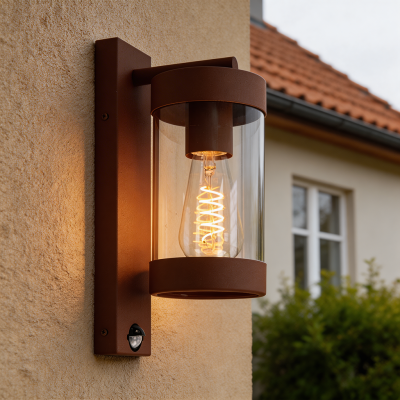 Modern outdoor wall light with motion sensor rust coloured, Musa, IP44