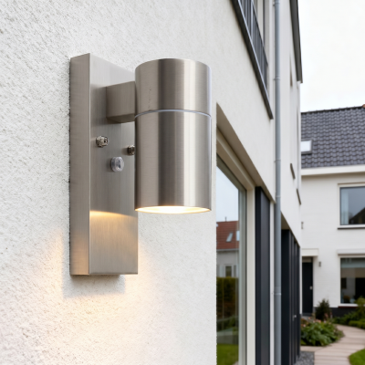 Modern outdoor wall light with dusk to dawn sensor silver, Pedro, IP44