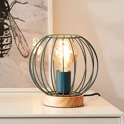 Wood table lamp blue, Donato, with switch