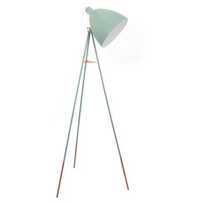 Green industrial tripod floor lamp metal, Jezebel, with pull switch