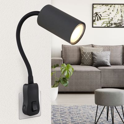 Black design plug in wall light metal, Roelof, with switch