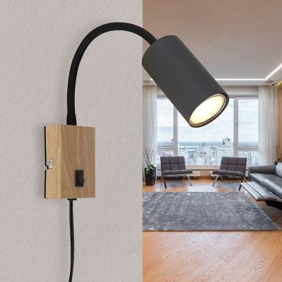 Black design plug in wall light metal, Roelof, with switch